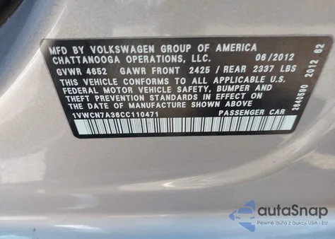 2012 Volkswagen Passat 2.0L Tdi Sel Premium from USA, damaged, VIN 1VWCN7A36CC110471